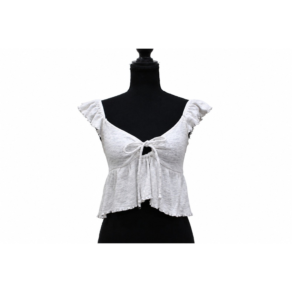 American Eagle White Tie Front Peplum Crop To Size XS Ruffle Sleeve Coquette